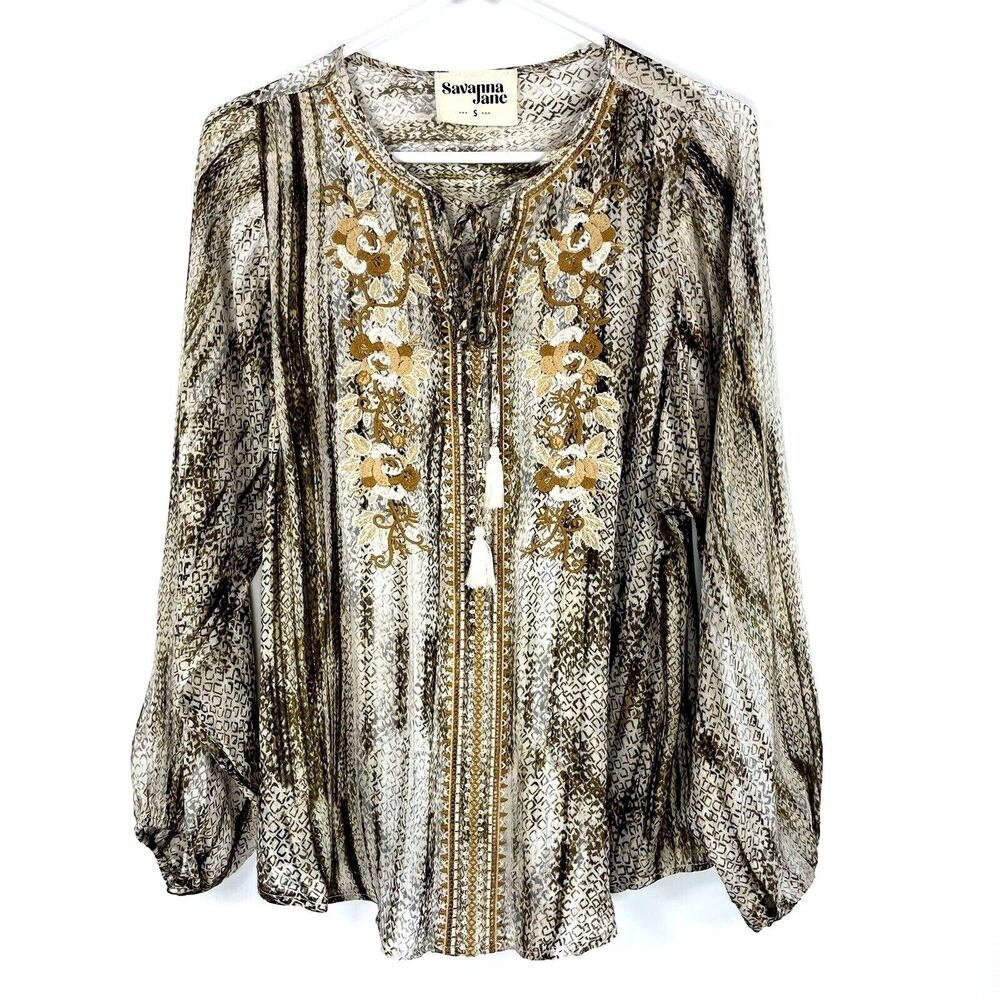 Savanna Jane Top Size Small Brown Embroidered‎ Peasant Boho Tunic Tasseled